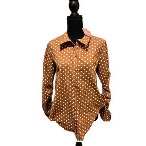 NWT LERUMI BROWN WHITE POLKA DOT LONG RUNCH SLEEVE DETAIL BUTTON DOWN TOP